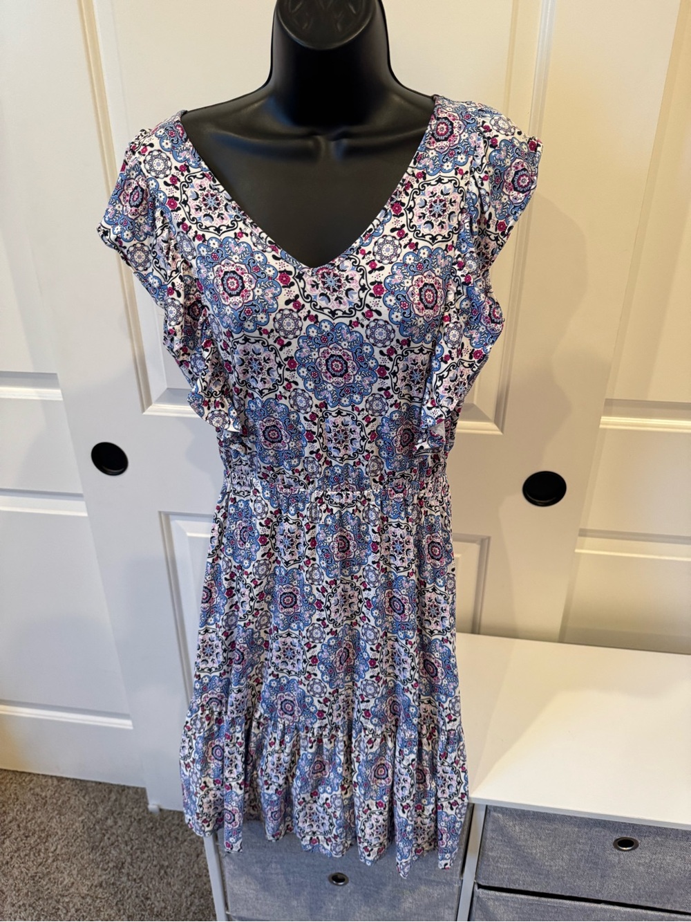 LOFT White and Blue Floral V-Neck Midi Dress